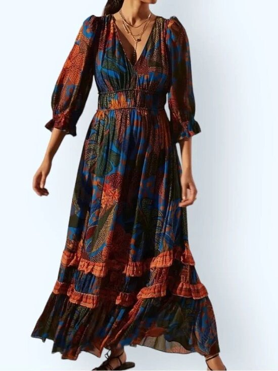 FARM Rio Dresses & Skirts - Farm Rio X Anthropologie Puff Sleeve M - 8 / 10 Blue Green Tropical Floral Maxi